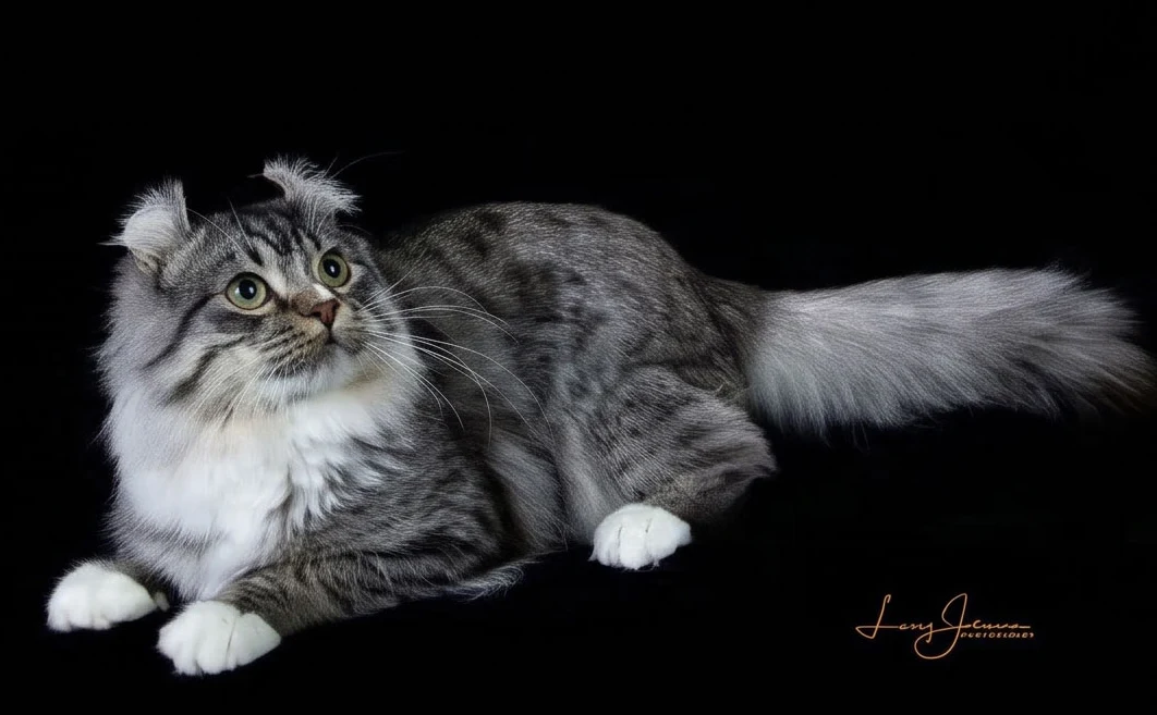 Purricurls Gunner of PurrMajestys, a silver tabby and white longhair American Curl, lying on a black background